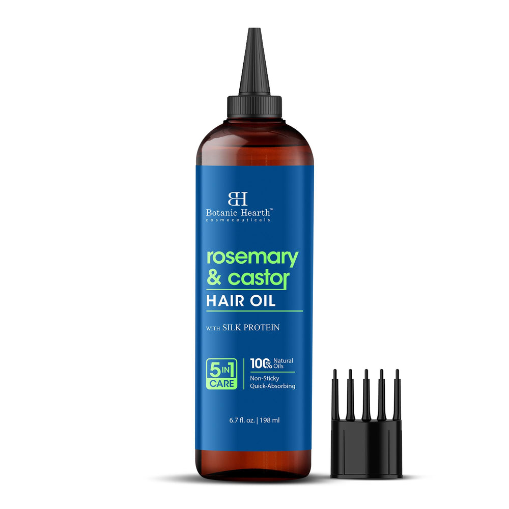 Botanic Hearth Rosemary & Castor Hair Oil bottle nourishes scalp and thicker hair.