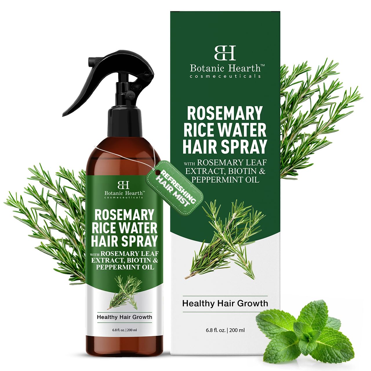 Botanic Hearth rosemary hair growth water spray bottle showing daily scalp hydration for fuller-looking hair