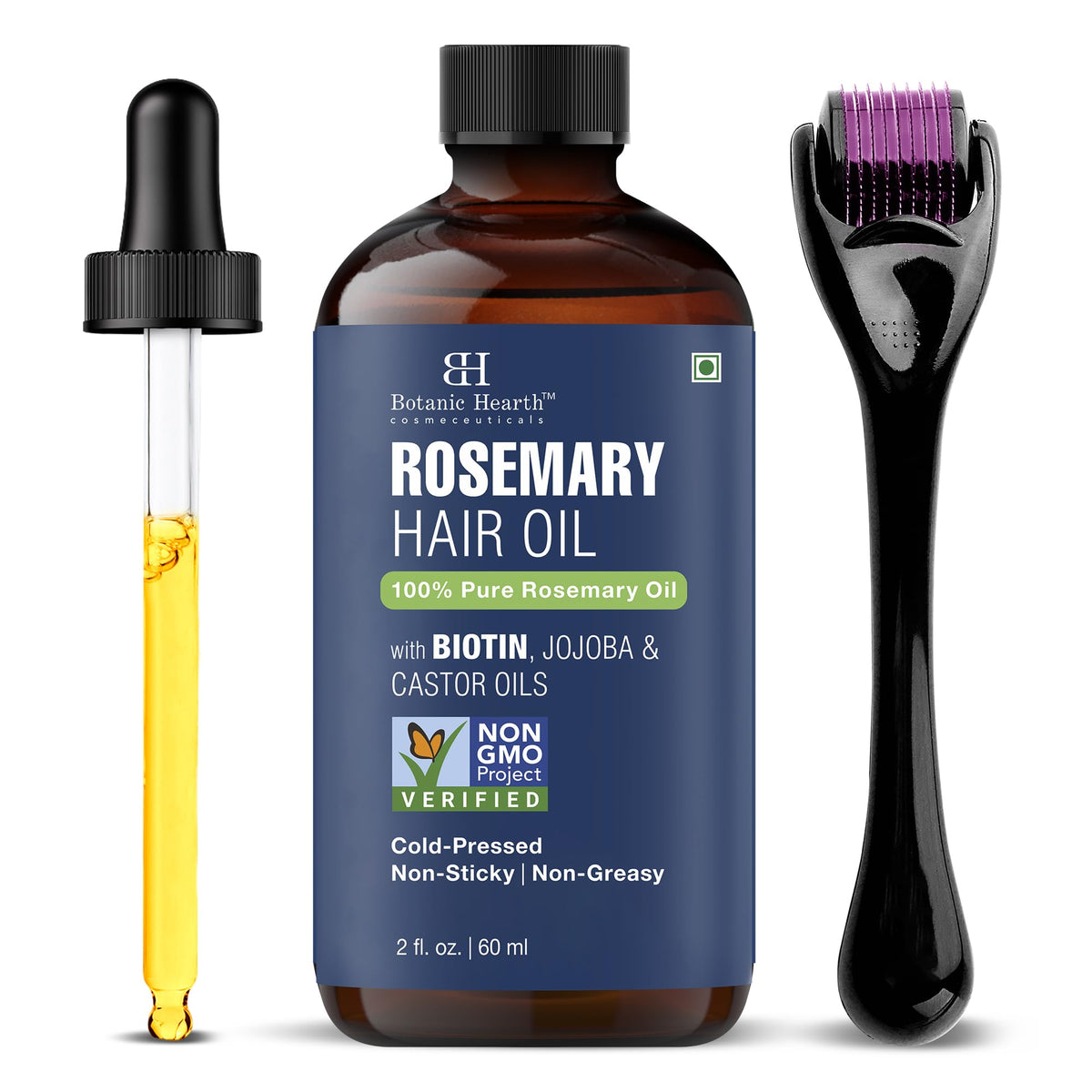 Botanic Hearth rosemary oil bottle with glass container for premium scalp nourishment.