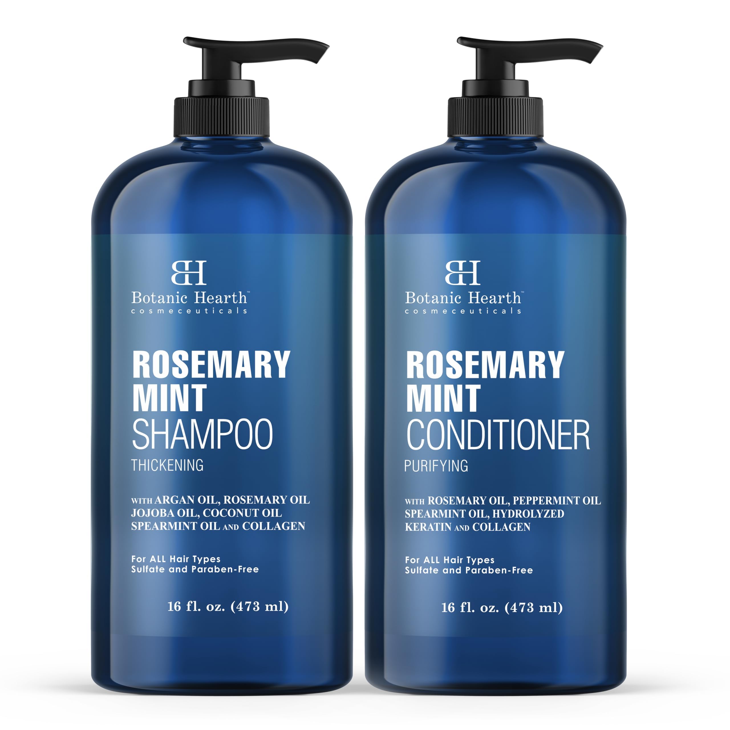 Botanic Hearth Rosemary Mint Shampoo bottle with fresh scent promotes hair thickening.