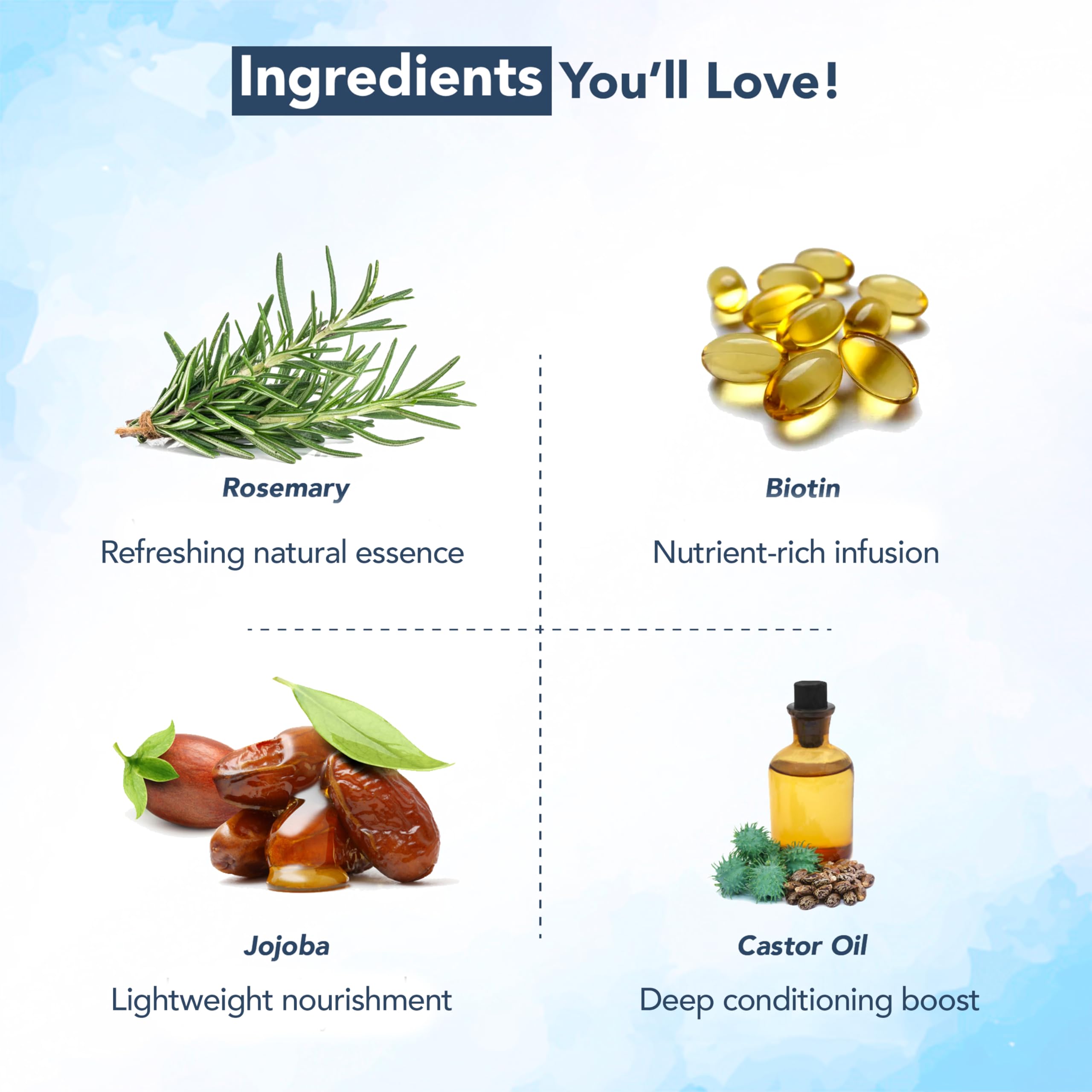 Botanic Hearth rosemary oil with biotin, jojoba, castor nourishes without heaviness.