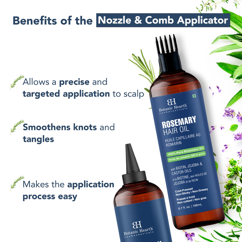 Botanic Hearth rosemary oil root-target application ensures even scalp coverage.