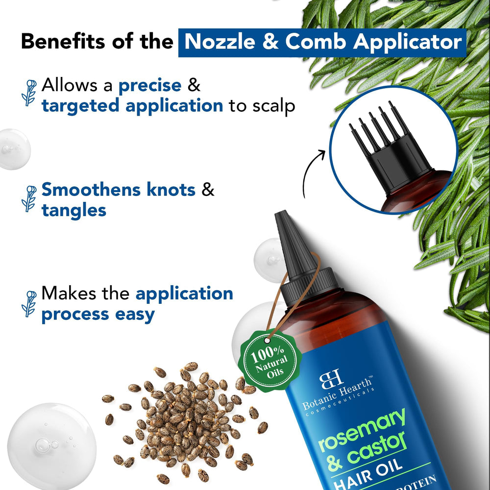 Botanic Hearth Rosemary & Castor Hair Oil scalp massager included for enhanced absorption.
