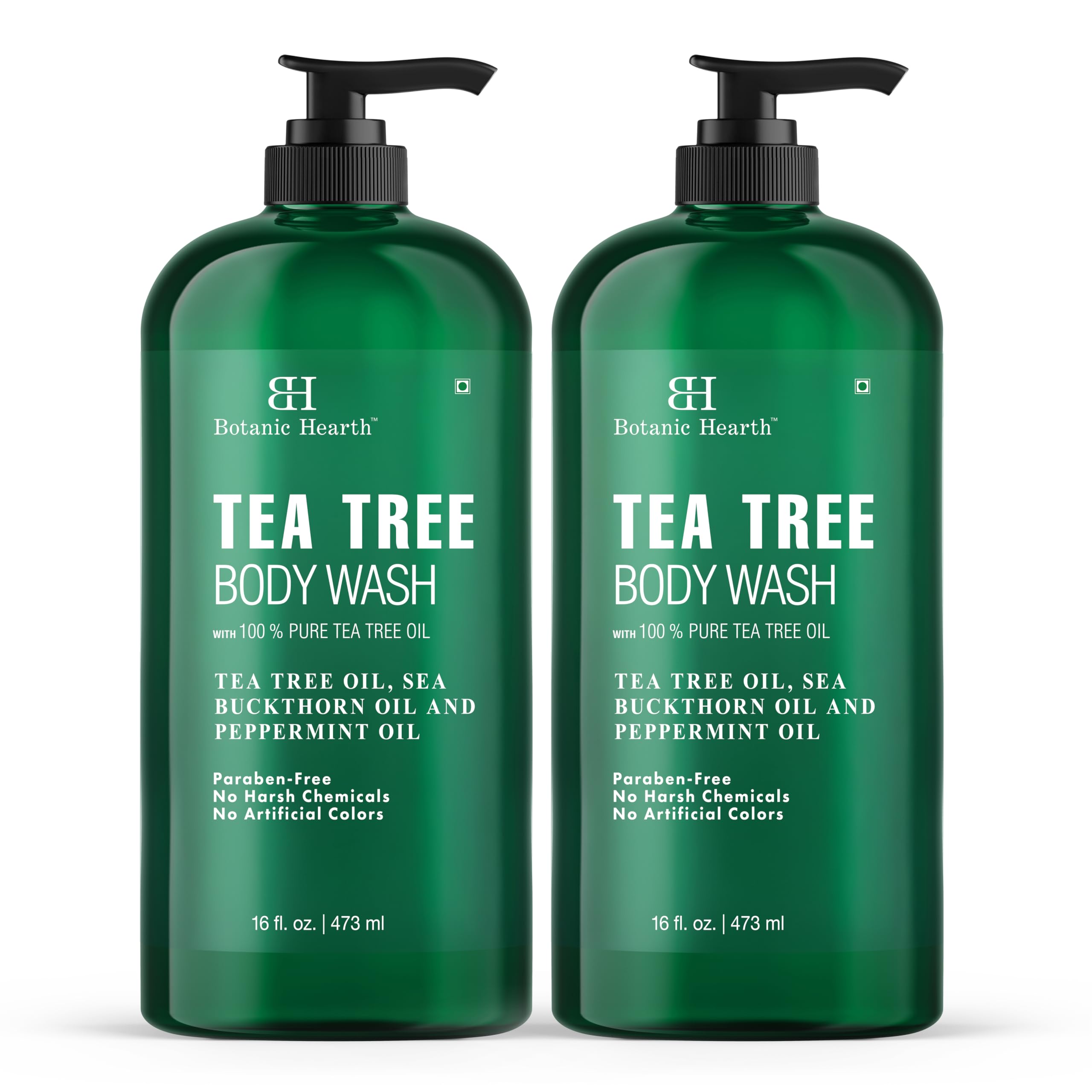 Botanic Hearth Tea Tree Body Wash bottle front shows refreshing, sulfate-free cleanser for daily use.