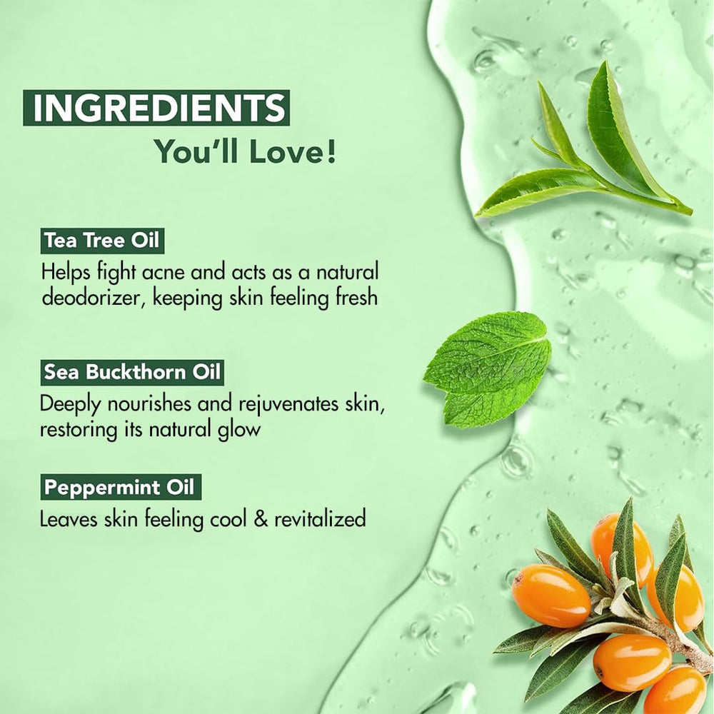 Botanic Hearth Tea Tree Body Wash bottle pour captures quick lather for revitalizing showers.