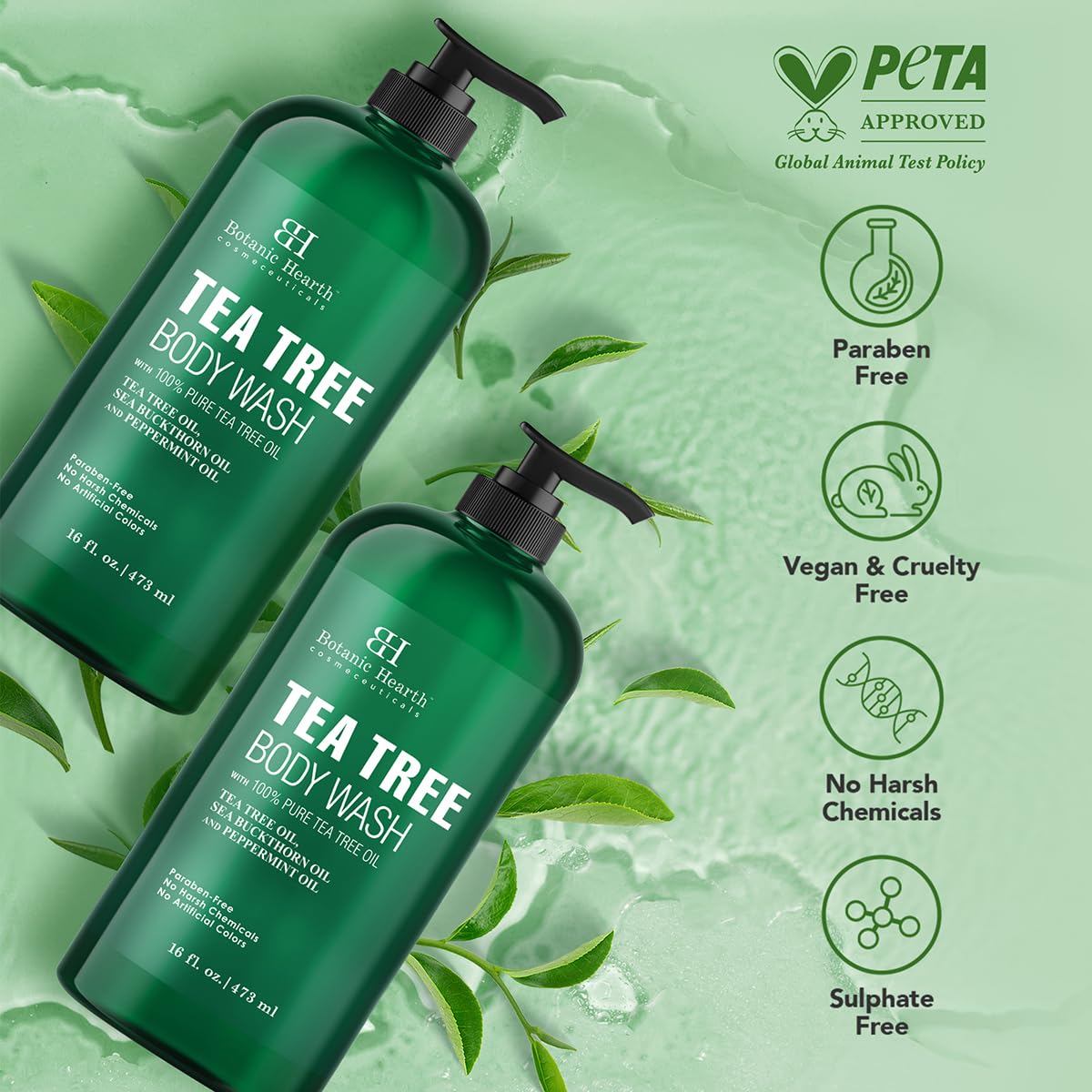 Botanic Hearth Tea Tree Body Wash label closeup highlights natural ingredients.