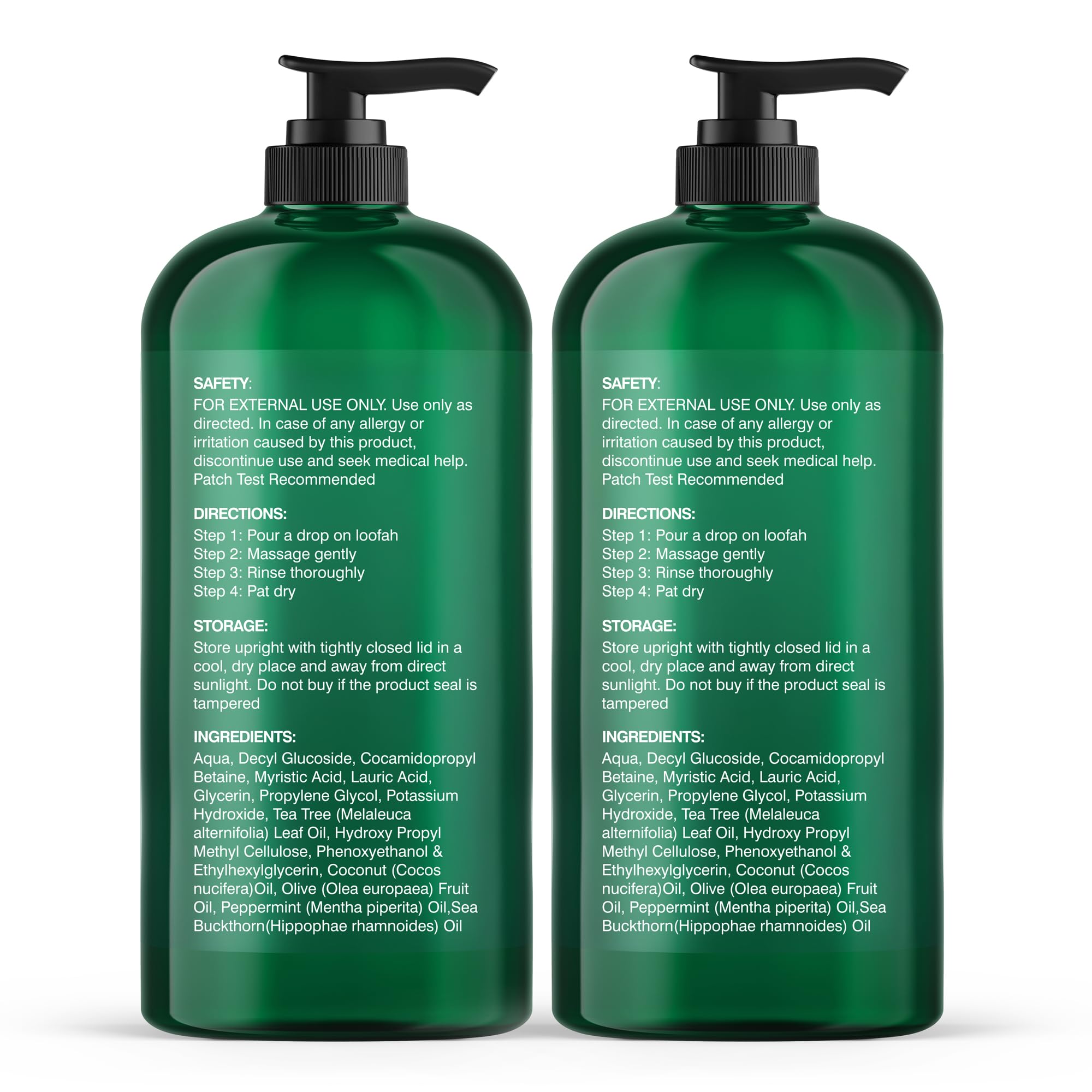 Botanic Hearth Tea Tree Body Wash packaging highlights sulfate-free and paraben-free benefits.