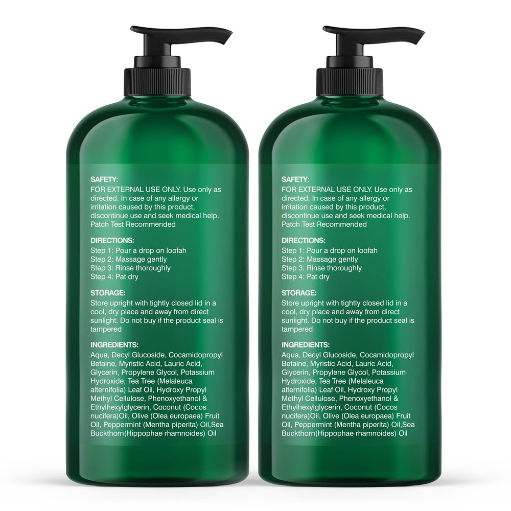 Botanic Hearth Tea Tree Body Wash packaging highlights sulfate-free and paraben-free benefits.
