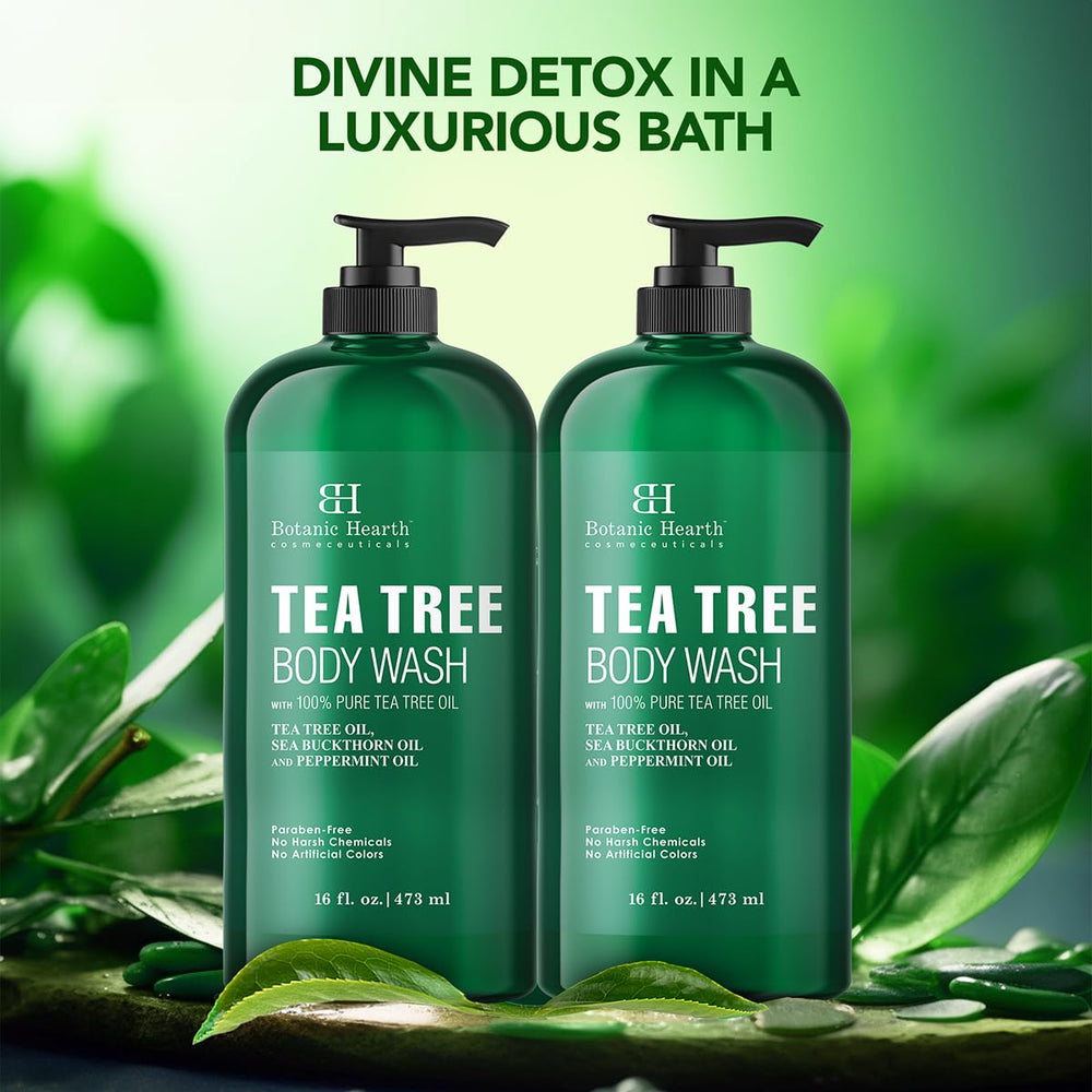 Botanic Hearth Tea Tree Body Wash shower scene suggests refreshing daily routine.