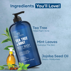 Botanic Hearth Tea Tree Oil Body Wash mint and tea tree closeup highlighting fresh aroma