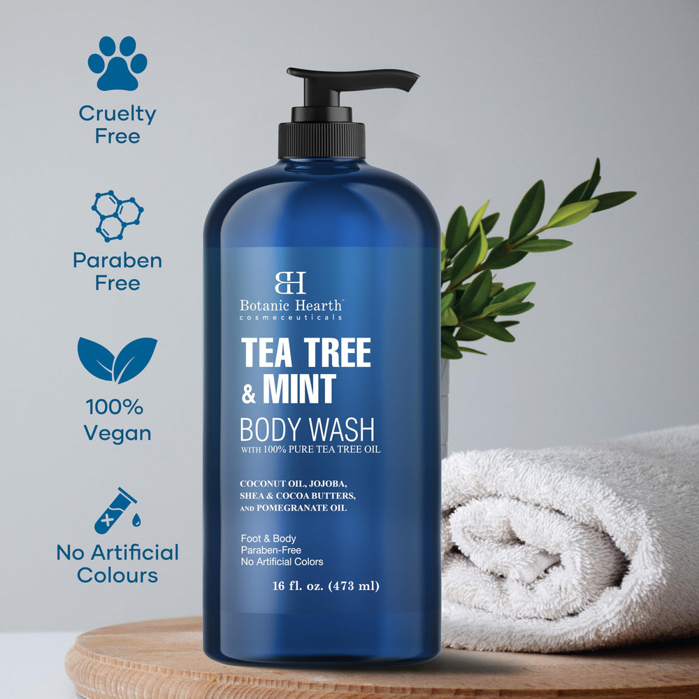 Botanic Hearth Tea Tree Oil Body Wash in shower scene suggesting daily refresh