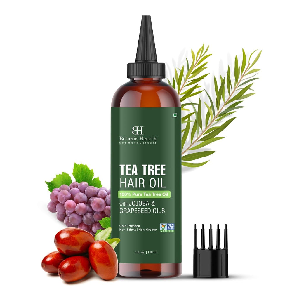 Botanic Hearth Tea Tree Oil bottle pour for refreshing scalp care