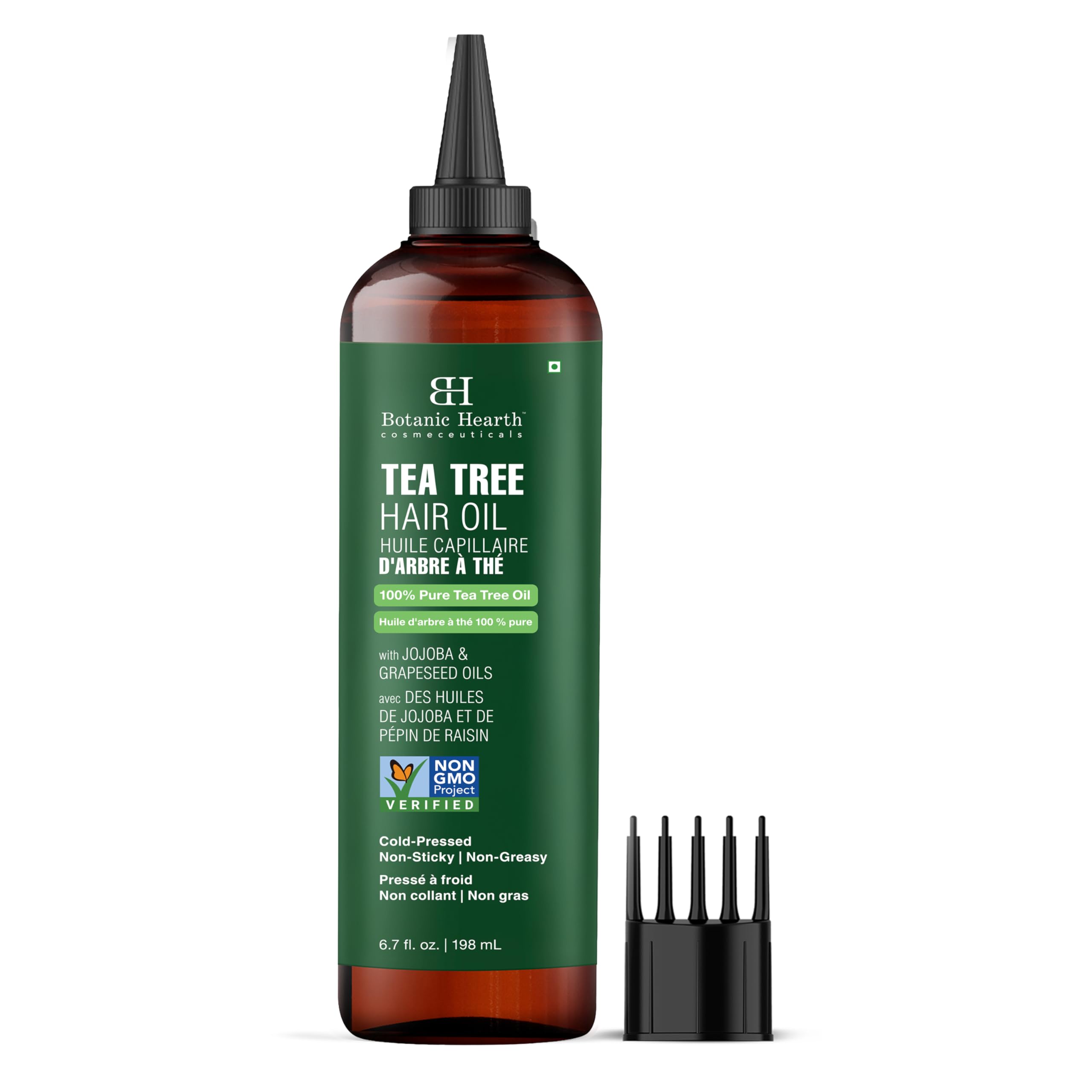 Botanic Hearth Tea Tree Oil bottle shows scalp-soothing care in pure formula.