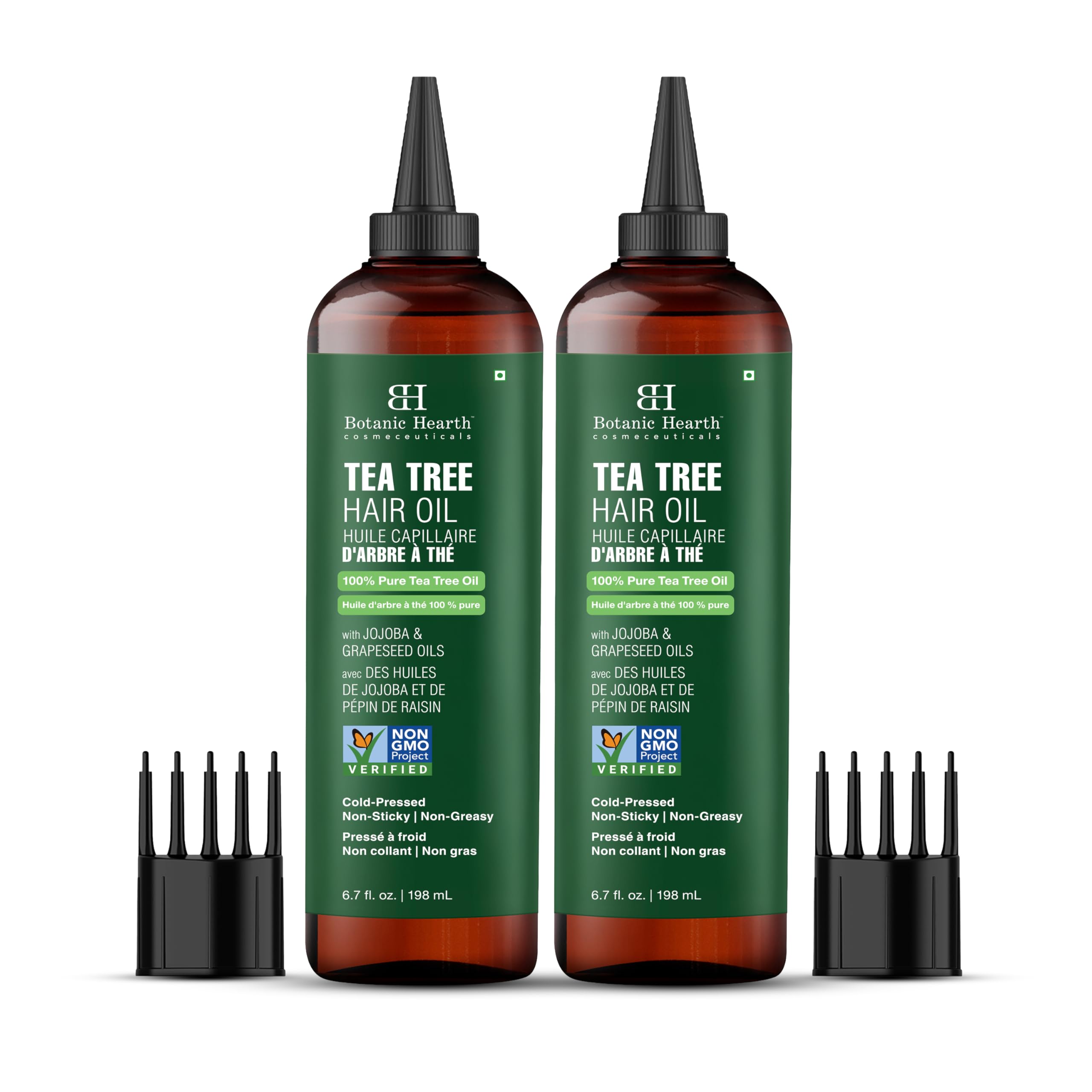 Botanic Hearth Tea Tree Oil bottle offers scalp refreshment with jojoba and grapeseed oils.