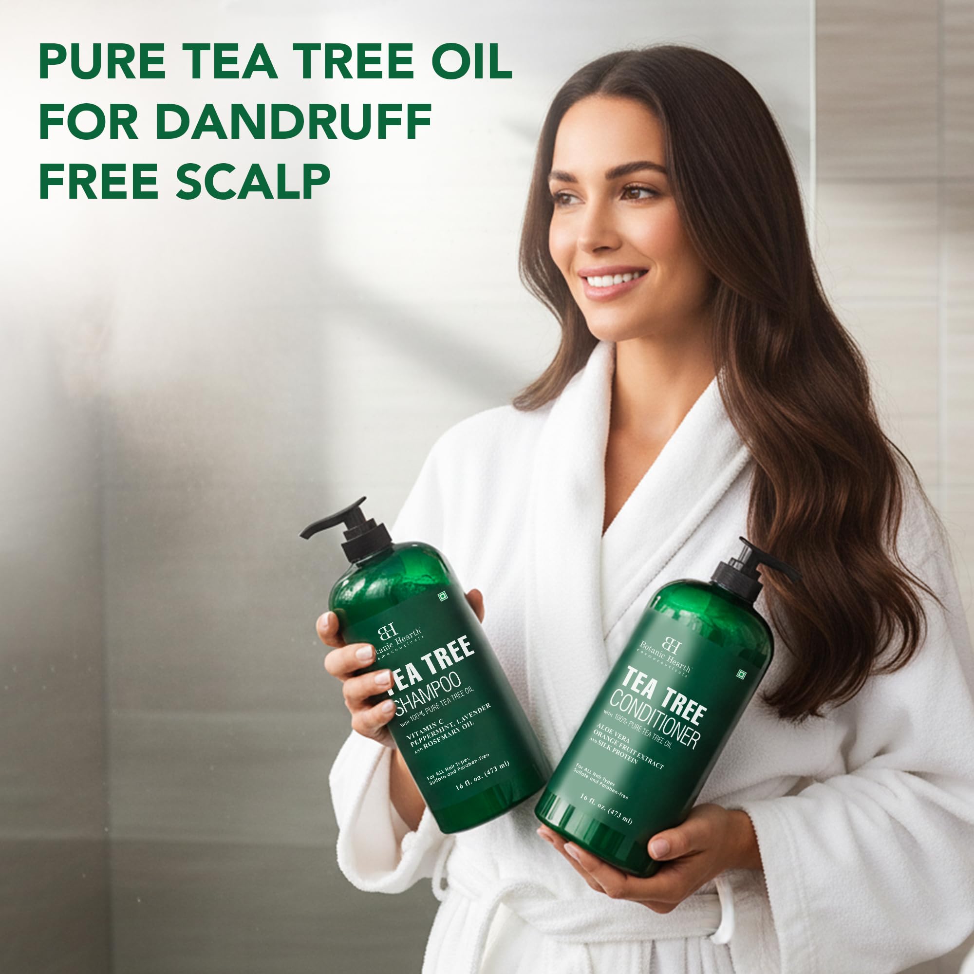 Botanic Hearth Tea Tree Oil drops emphasize pure oil for scalp care.