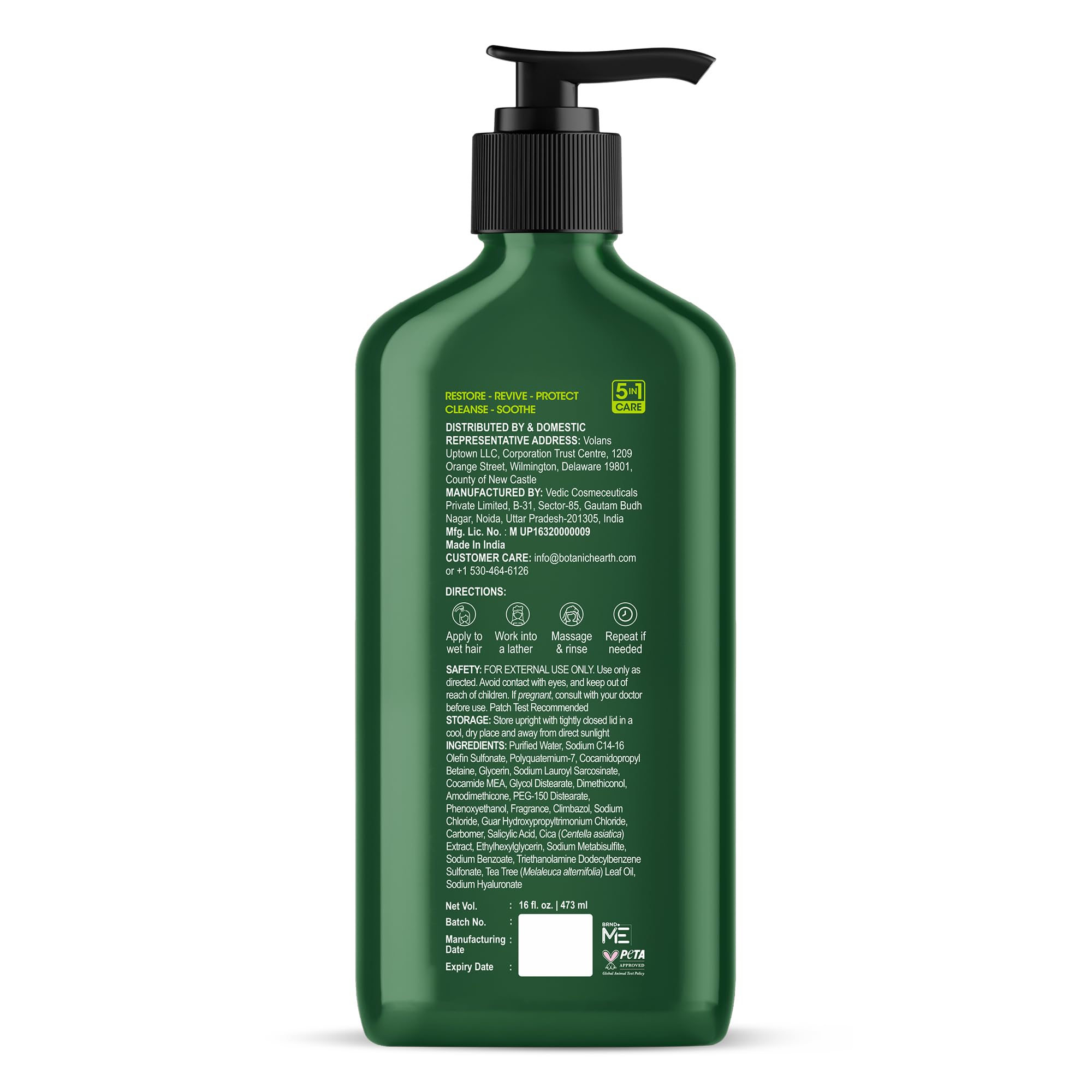 Botanic Hearth Tea Tree Shampoo bottle label highlighting dandruff control benefits.