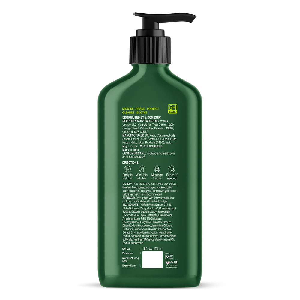 Botanic Hearth Tea Tree Shampoo bottle label highlighting dandruff control benefits.