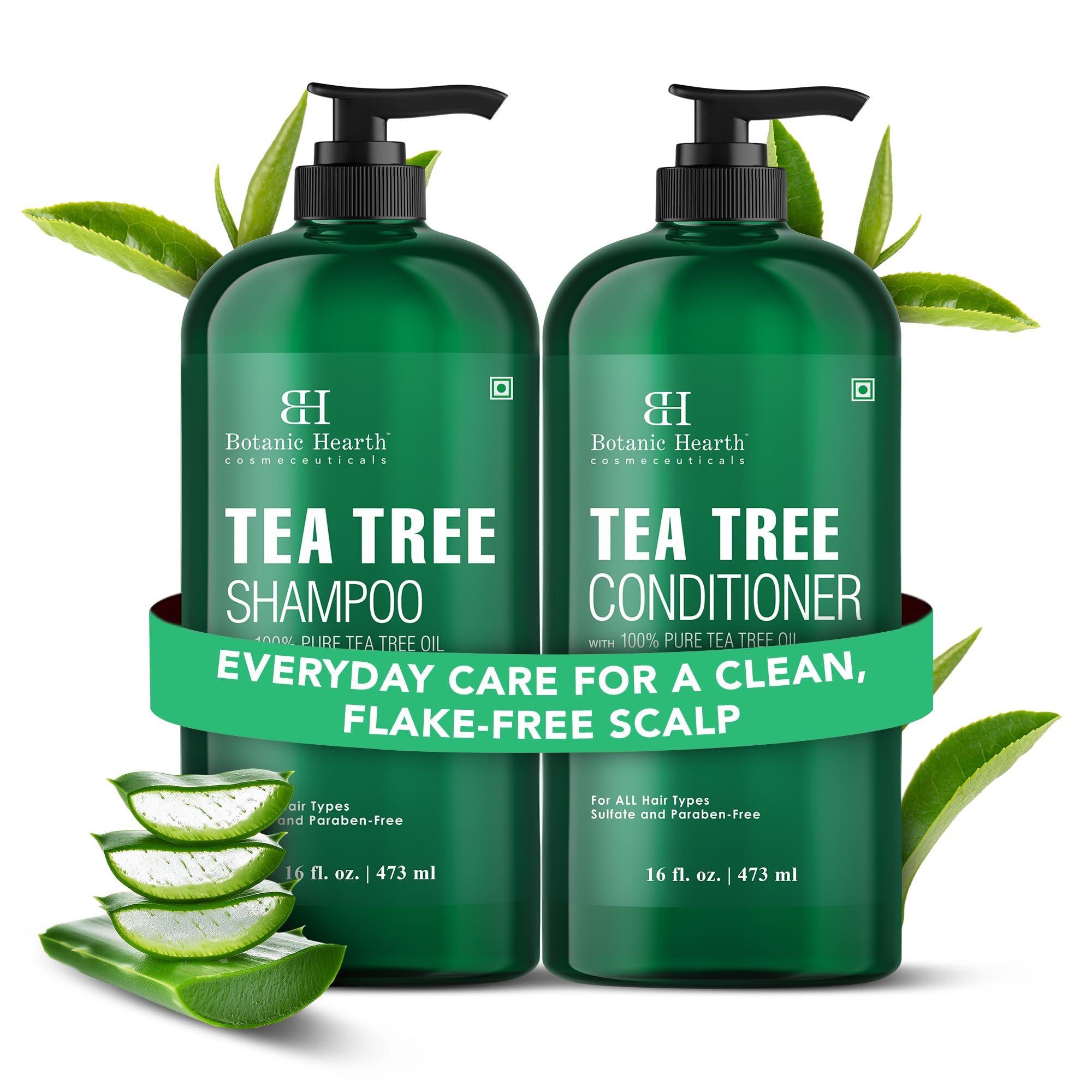Botanic Hearth Tea Tree Shampoo bottle shown for refreshing scalp cleansing.