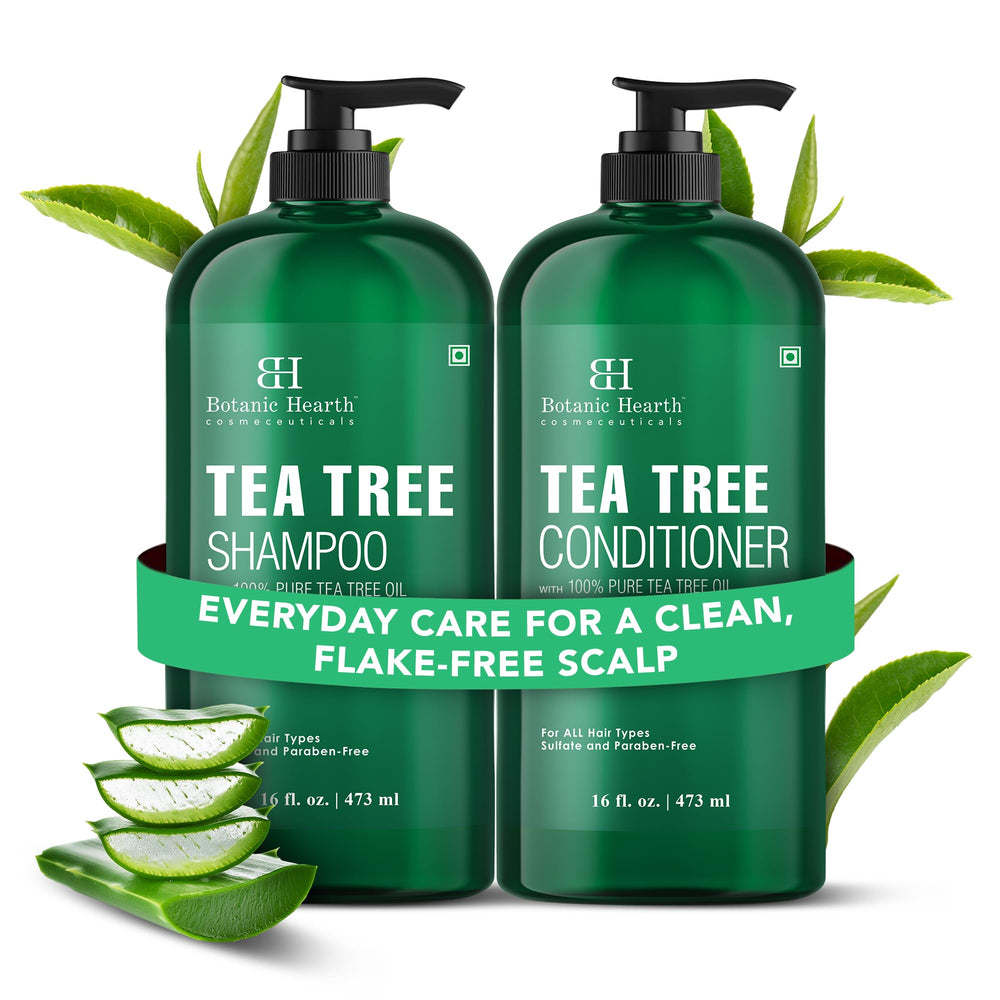 Botanic Hearth Tea Tree Shampoo bottle shown for refreshing scalp cleansing.