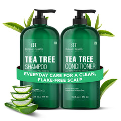 Botanic Hearth Tea Tree Shampoo bottle shown for refreshing scalp cleansing.