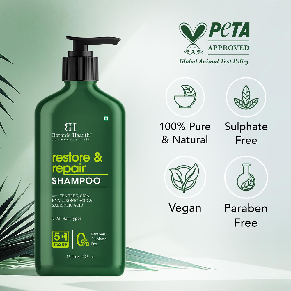 Botanic Hearth Tea Tree Shampoo cica soothing sensitive scalp scene.
