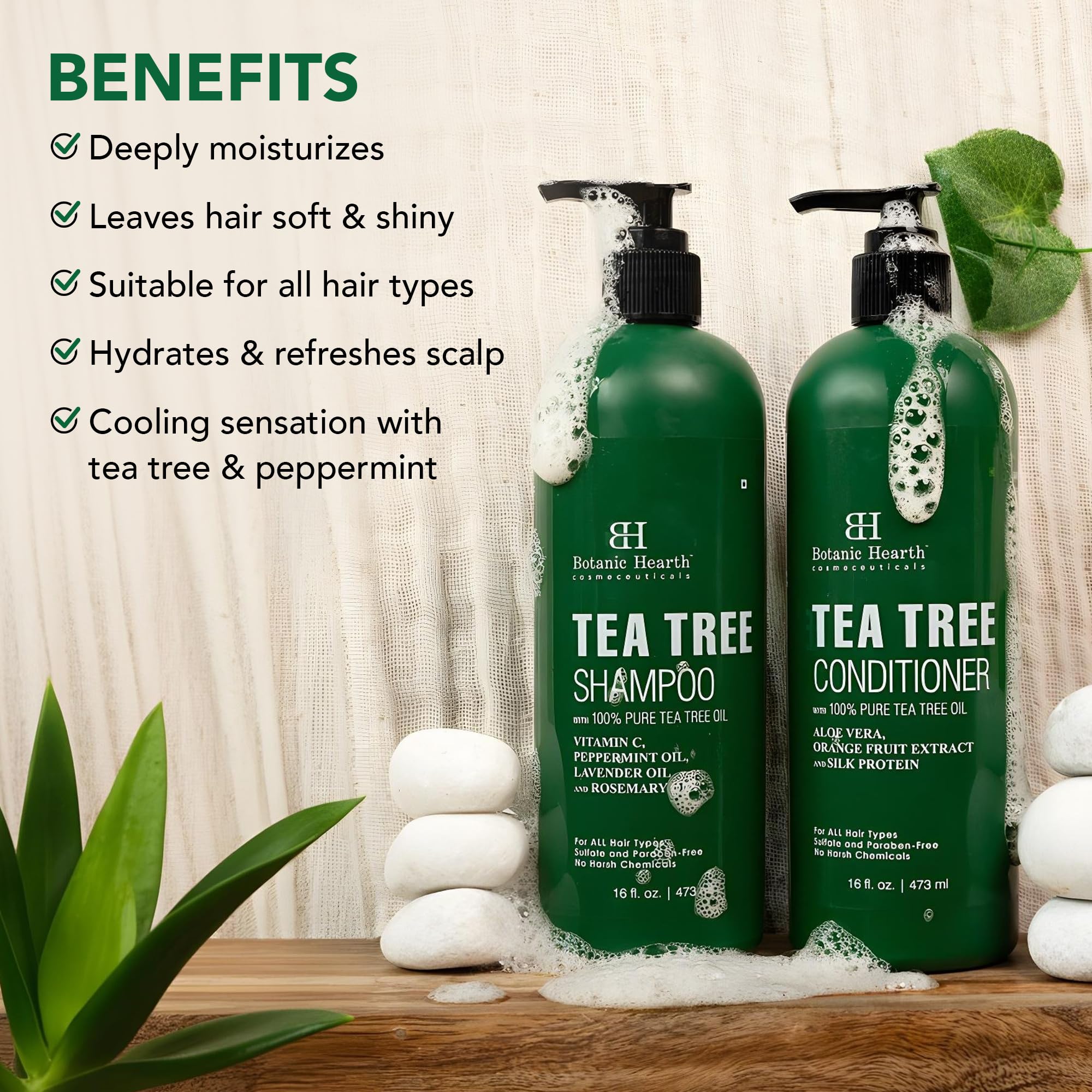 Botanic Hearth Tea Tree shampoo and conditioner labels highlight sulfate-free formula.