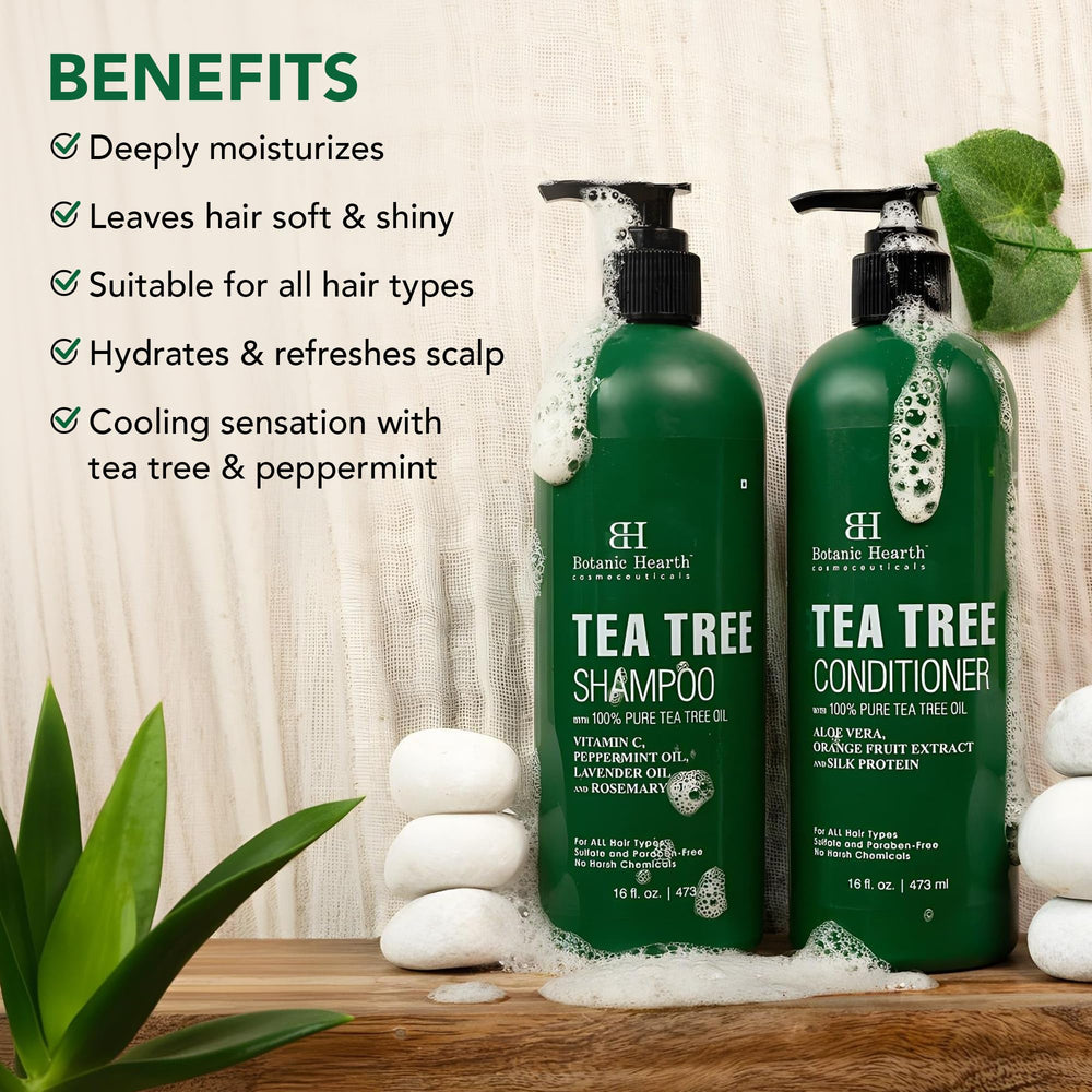 Botanic Hearth Tea Tree shampoo and conditioner labels highlight sulfate-free formula.