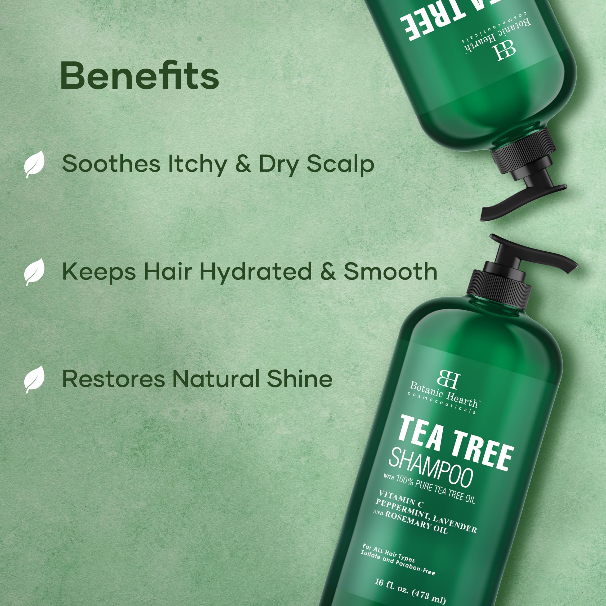 Botanic Hearth Tea Tree Shampoo targets dandruff and scalp irritation with soothing botanicals