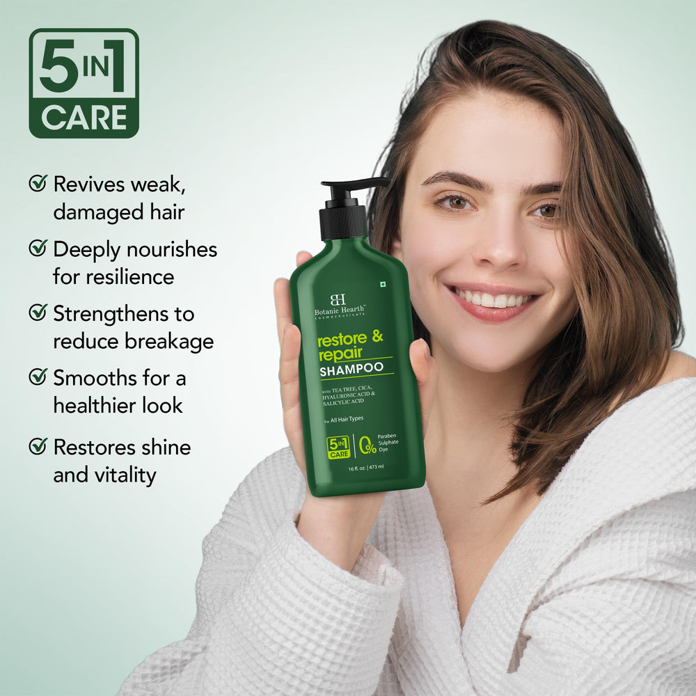 Botanic Hearth Tea Tree Shampoo scalp closeup shows soothing relief.