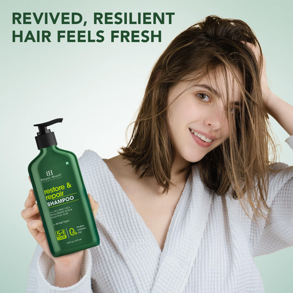 Botanic Hearth Tea Tree Shampoo tea tree oil feature for refreshing scalp.