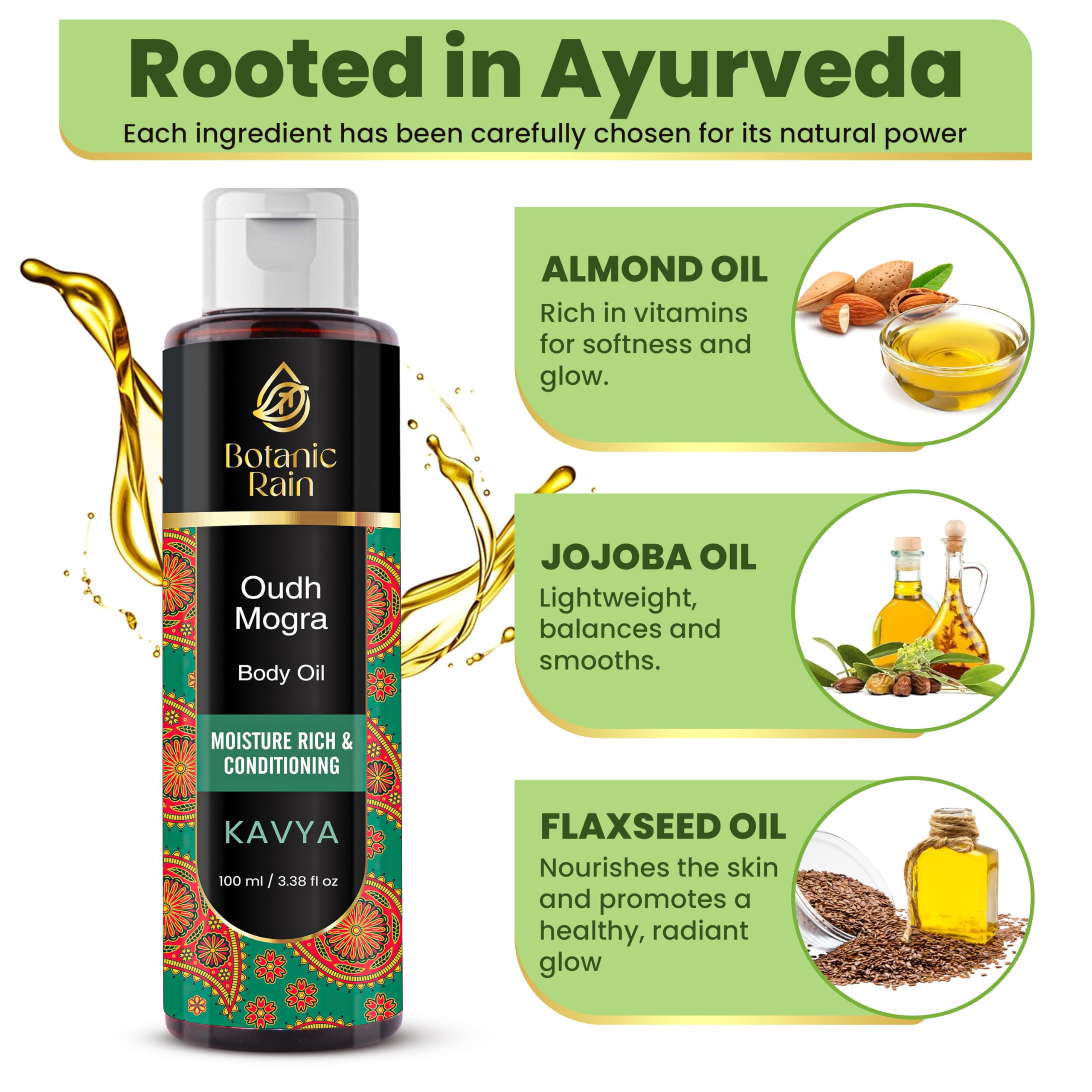 Botanic Rain Ayurveda Body Oil pour demonstrates quick absorption into skin