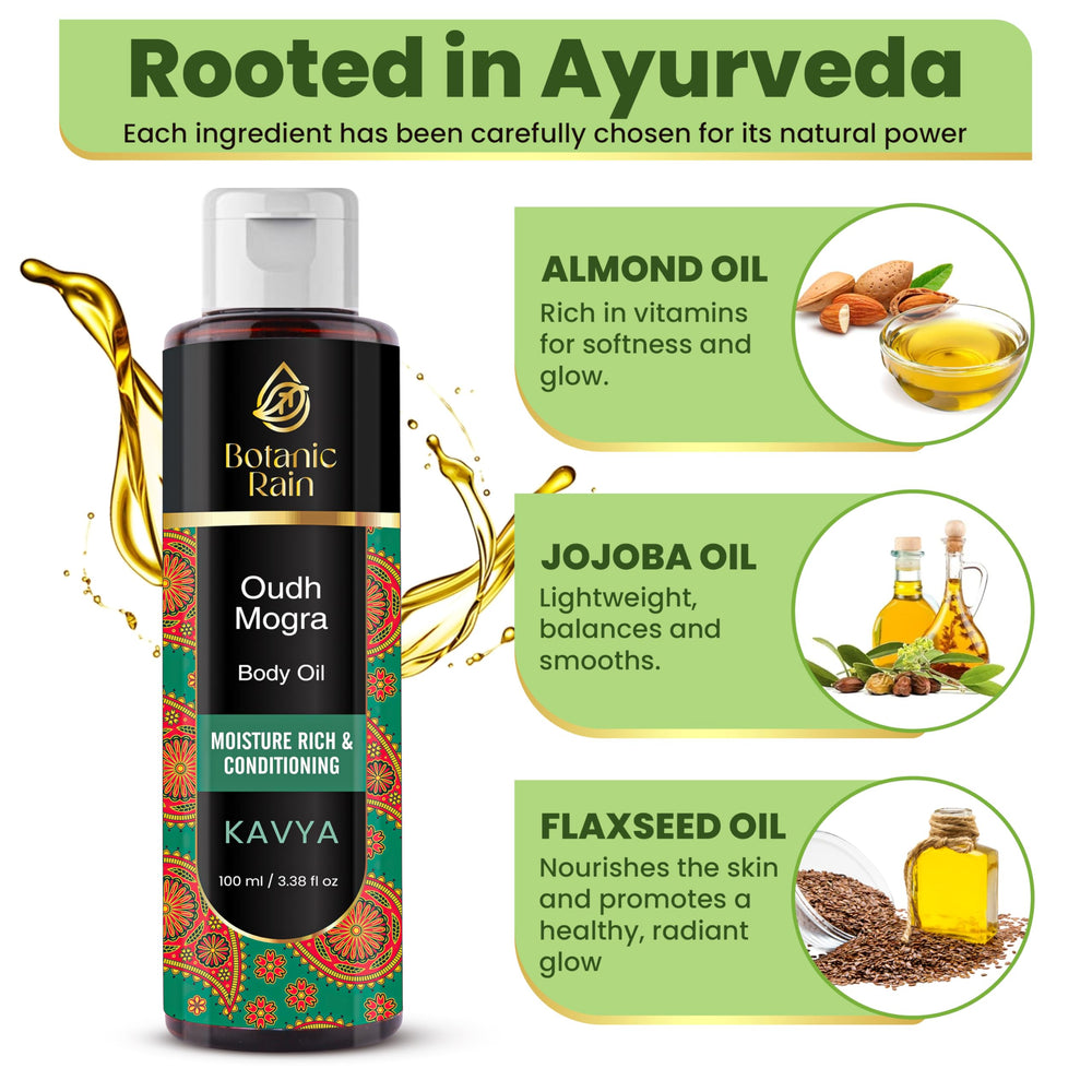 Botanic Rain Ayurveda Body Oil pour demonstrates quick absorption into skin
