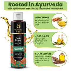Botanic Rain Ayurveda Body Oil pour demonstrates quick absorption into skin