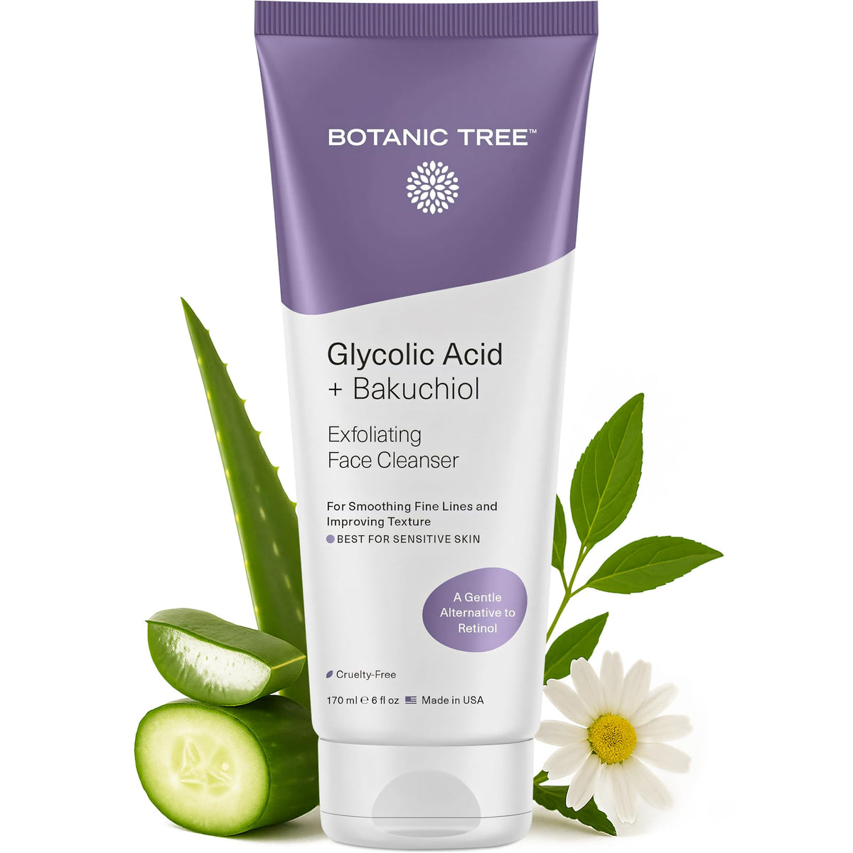 Botanic Tree Bakuchiol Glycolic Face Wash bottle showing gentle exfoliation for sensitive skin