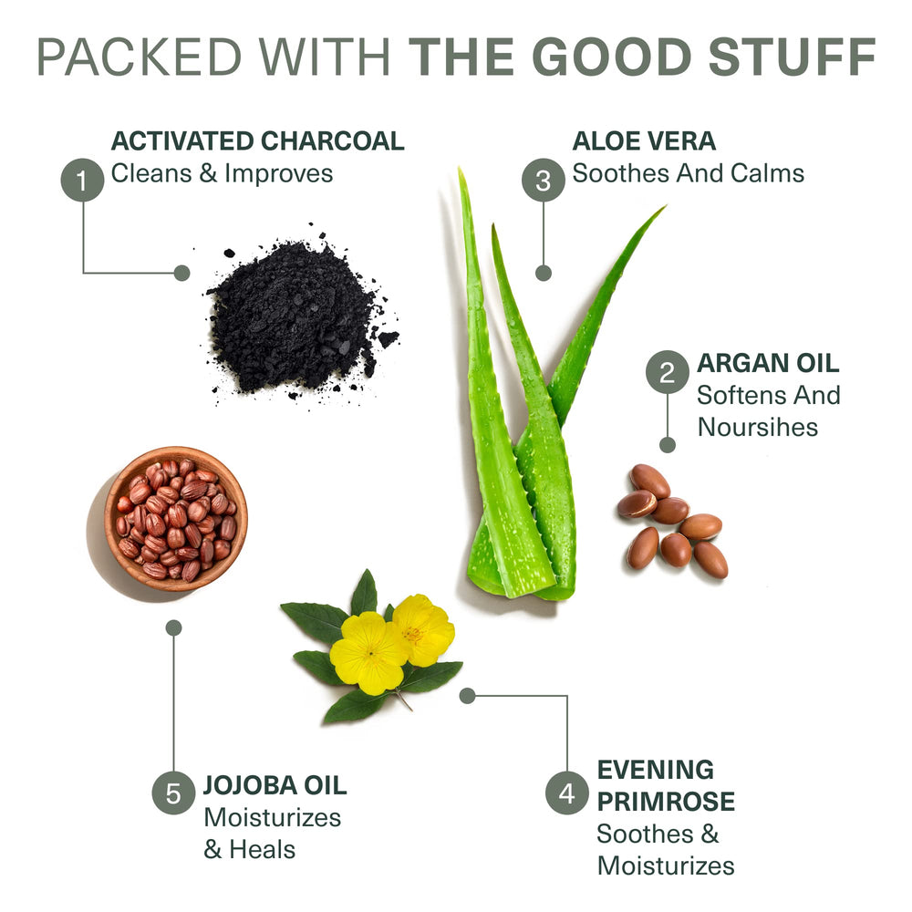 Activated charcoal detail highlights Botanic Tree glycolic face wash purifying pores.