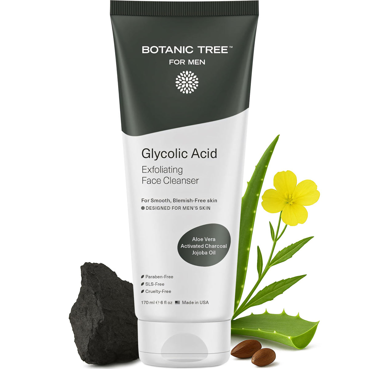 Botanic Tree Glycolic Face Wash bottle setup for pore-cleaning exfoliation.