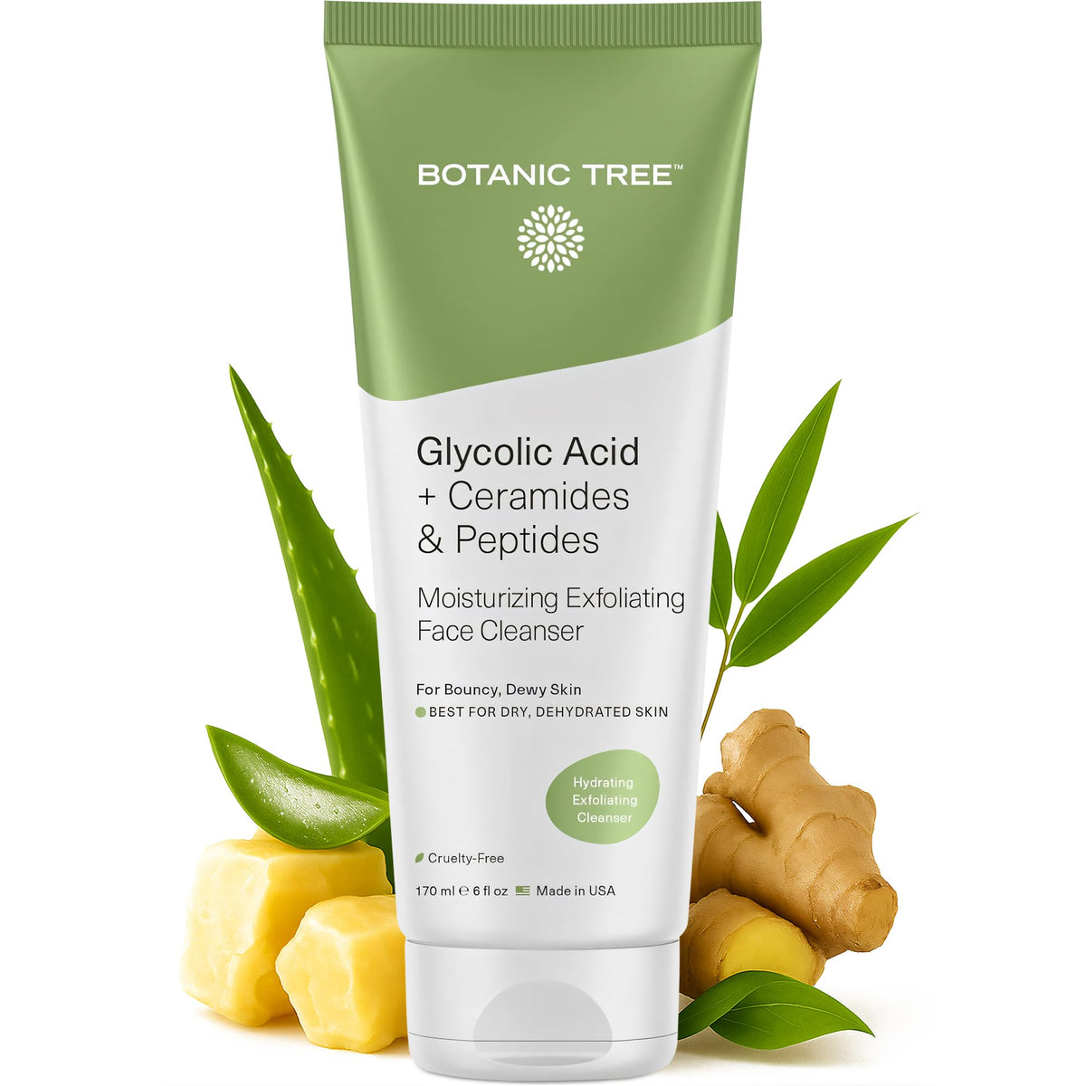Botanic Tree Hydrating Glycolic Cleanser bottle shows gentle exfoliation for refreshed skin.