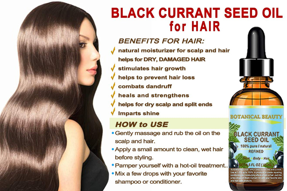 Botanical Beauty Black Currant Seed Oil on hair highlighting shine and moisture
