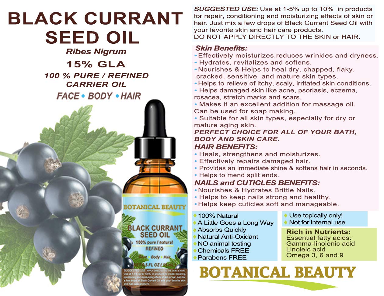 Botanical Beauty Black Currant Seed Oil nails indicating extra strength and care