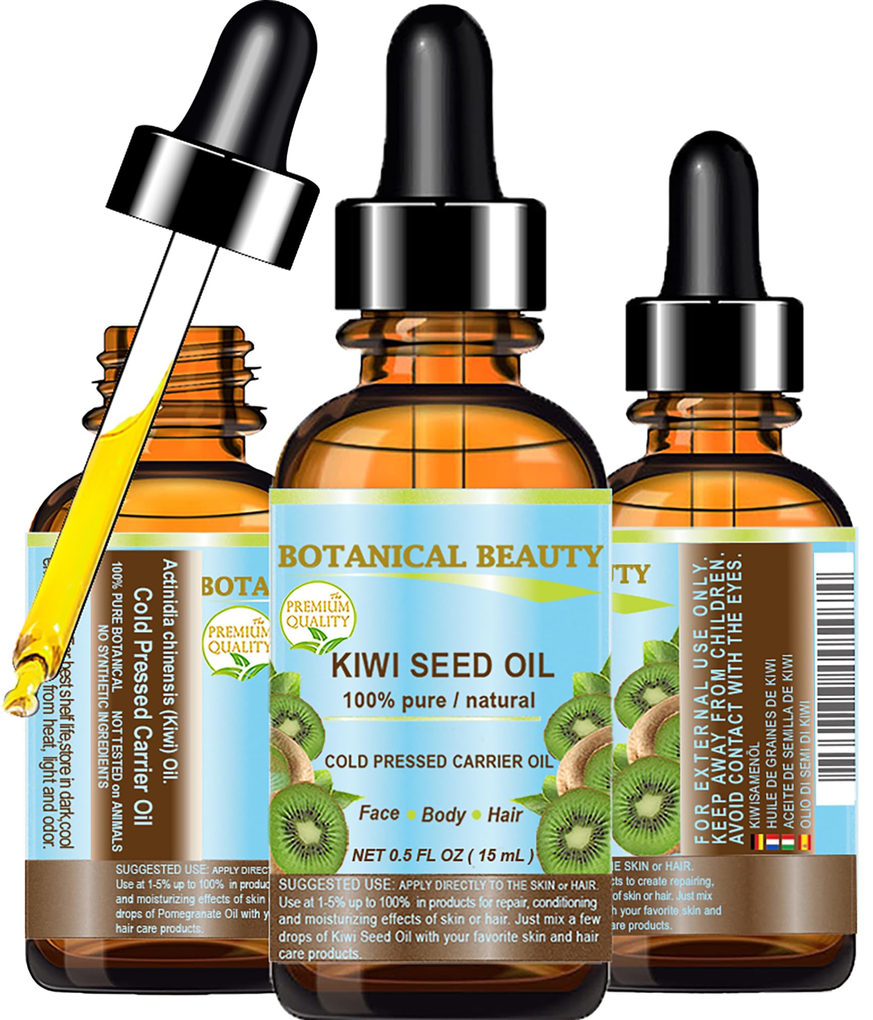 Botanical Beauty Kiwi Seed Oil bottle pour for daily hydration and quick absorption.
