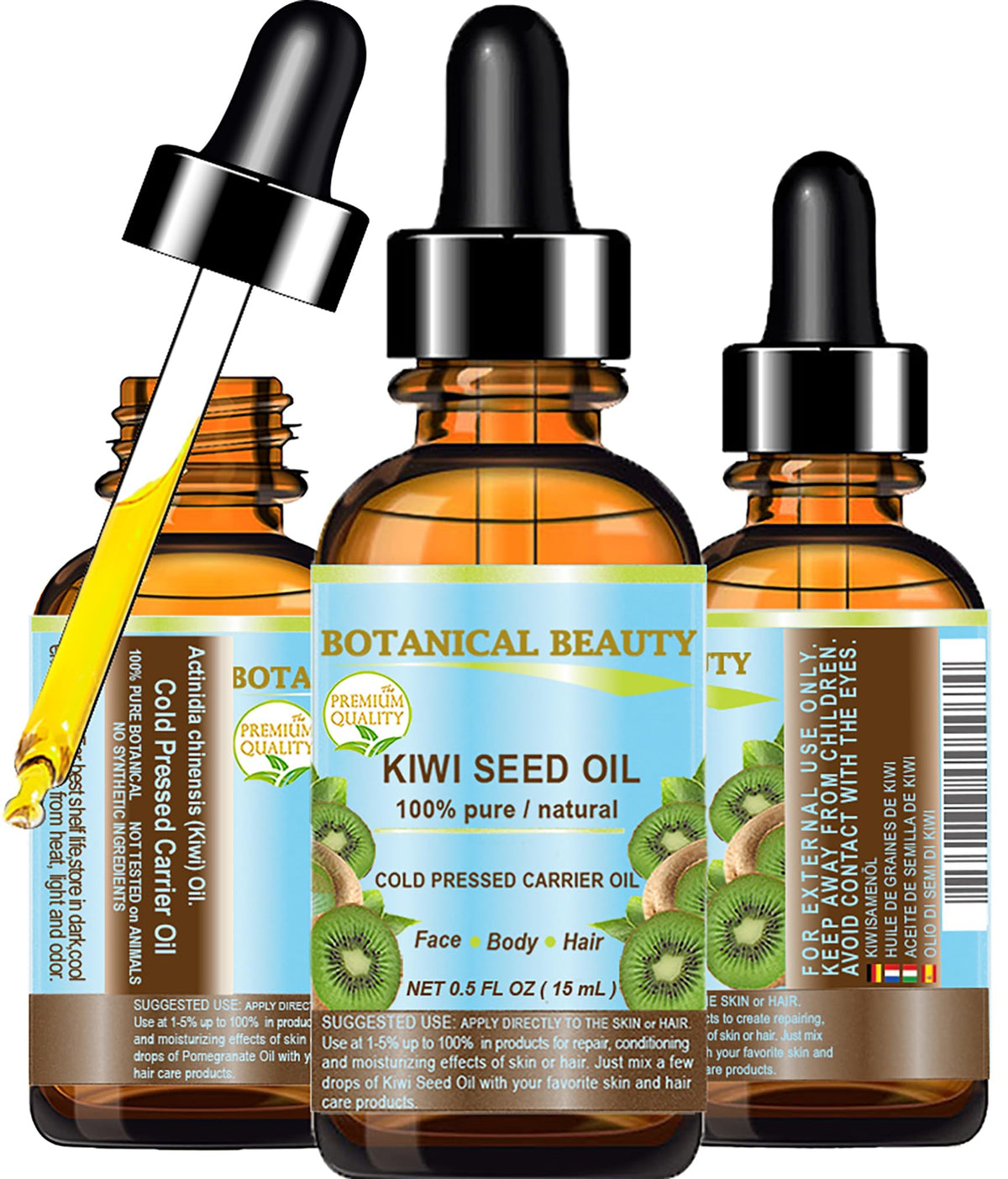 Botanical Beauty Kiwi Seed Oil bottle pour for daily hydration and quick absorption.