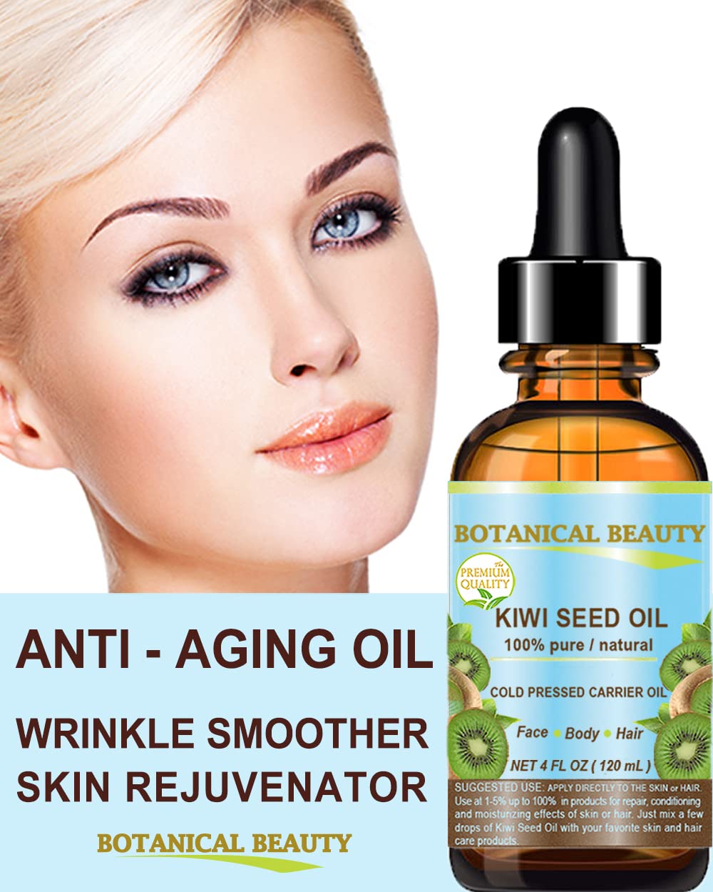 Botanical Beauty Kiwi Seed Oil on hair for conditioning and natural shine.