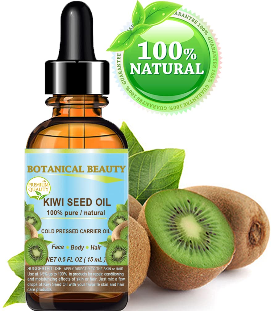 Botanical Beauty Kiwi Seed Oil close-up shows vitamin C and E for skin nourishment.