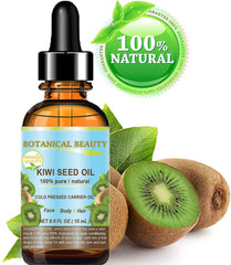 Botanical Beauty Kiwi Seed Oil close-up shows vitamin C and E for skin nourishment.