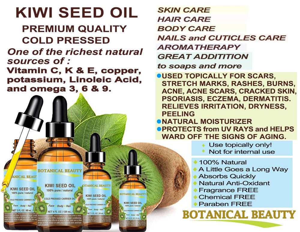 Botanical Beauty Kiwi Seed Oil packaging highlights its 0.5 oz purity.