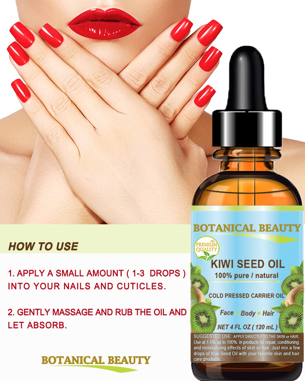 Botanical Beauty Kiwi Seed Oil texture close-up shows a light, fast-absorbing oil.