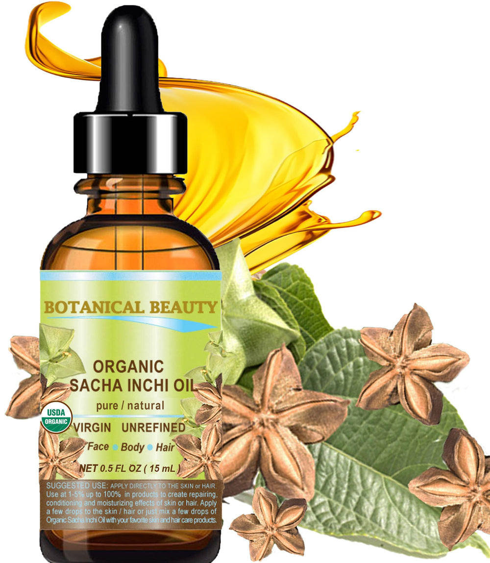 Botanical Beauty Sacha Inchi Oil label confirms organic certification and clean ingredients