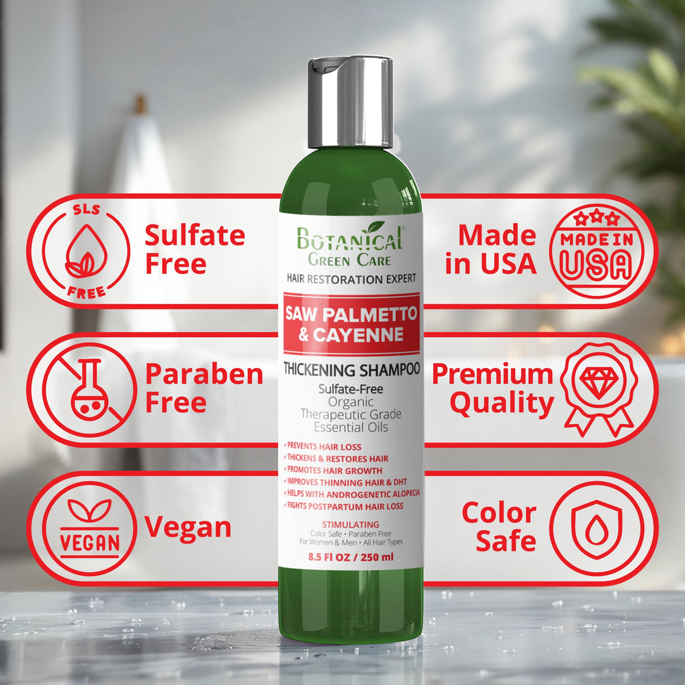 Botanical Green Care Saw Palmetto Cayenne Shampoo ingredients list includes biotin and caffeine