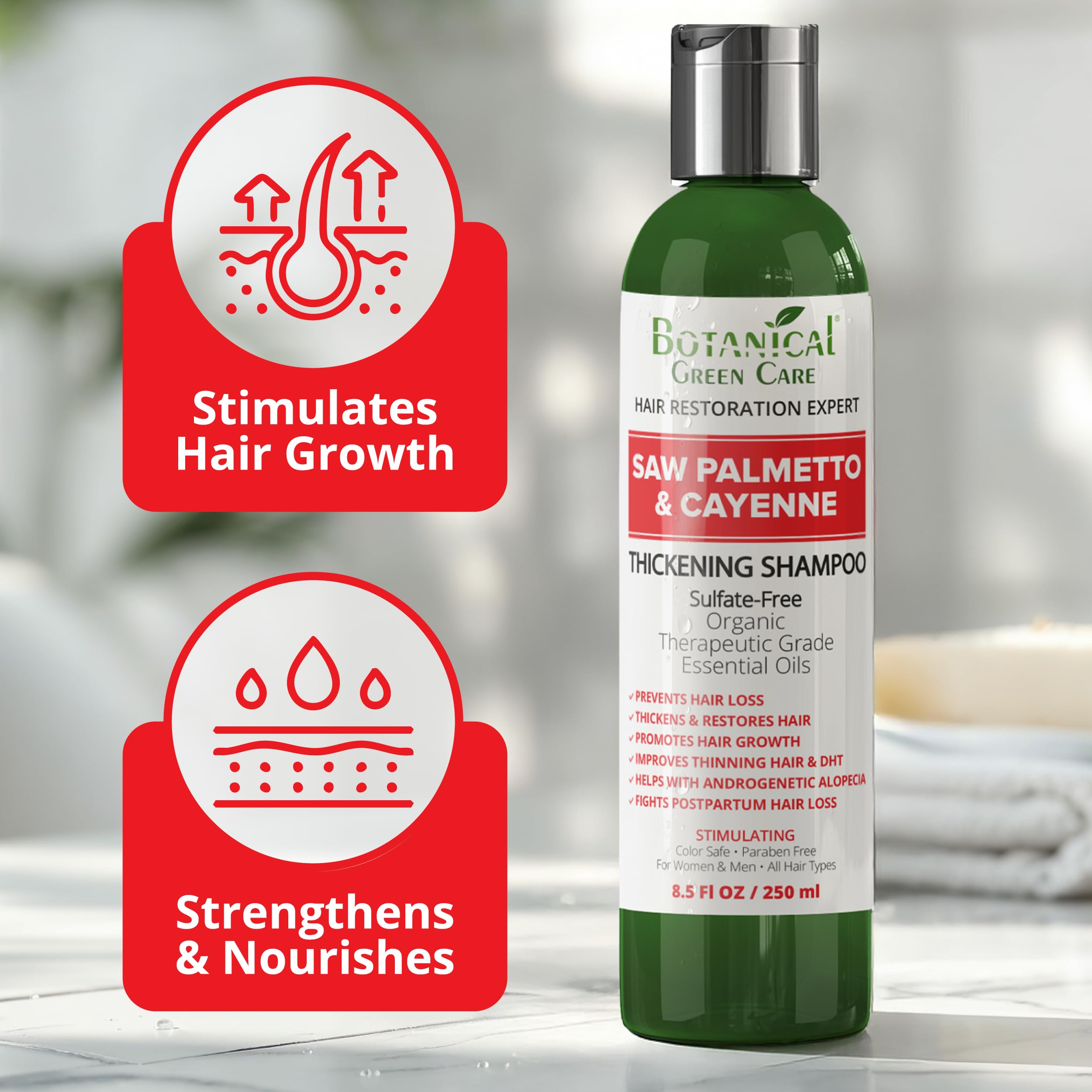 Botanical Green Care Saw Palmetto Cayenne Shampoo label highlights natural, sulfate-free formula