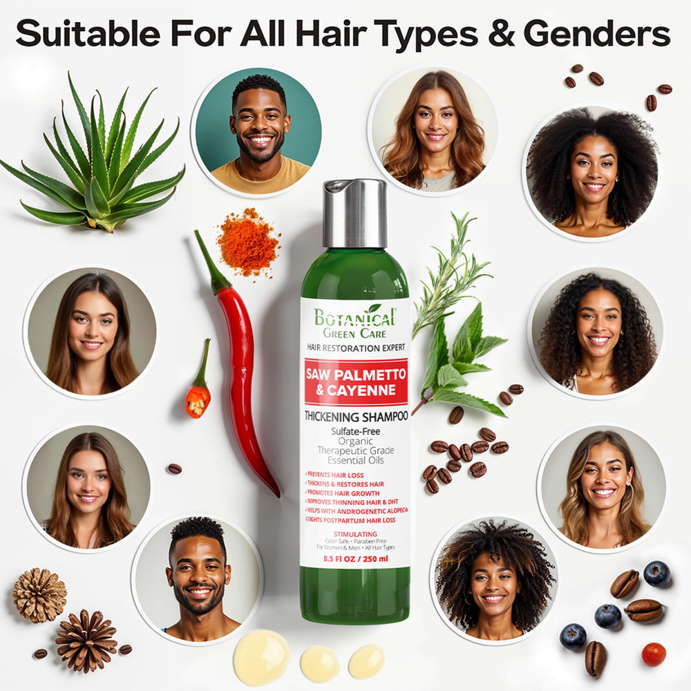Botanical Green Care Saw Palmetto Cayenne Shampoo made in USA badge on packaging